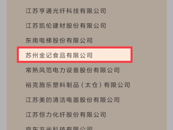 苏州金记食品有限公司荣获2019年度苏州市质量管理优秀奖